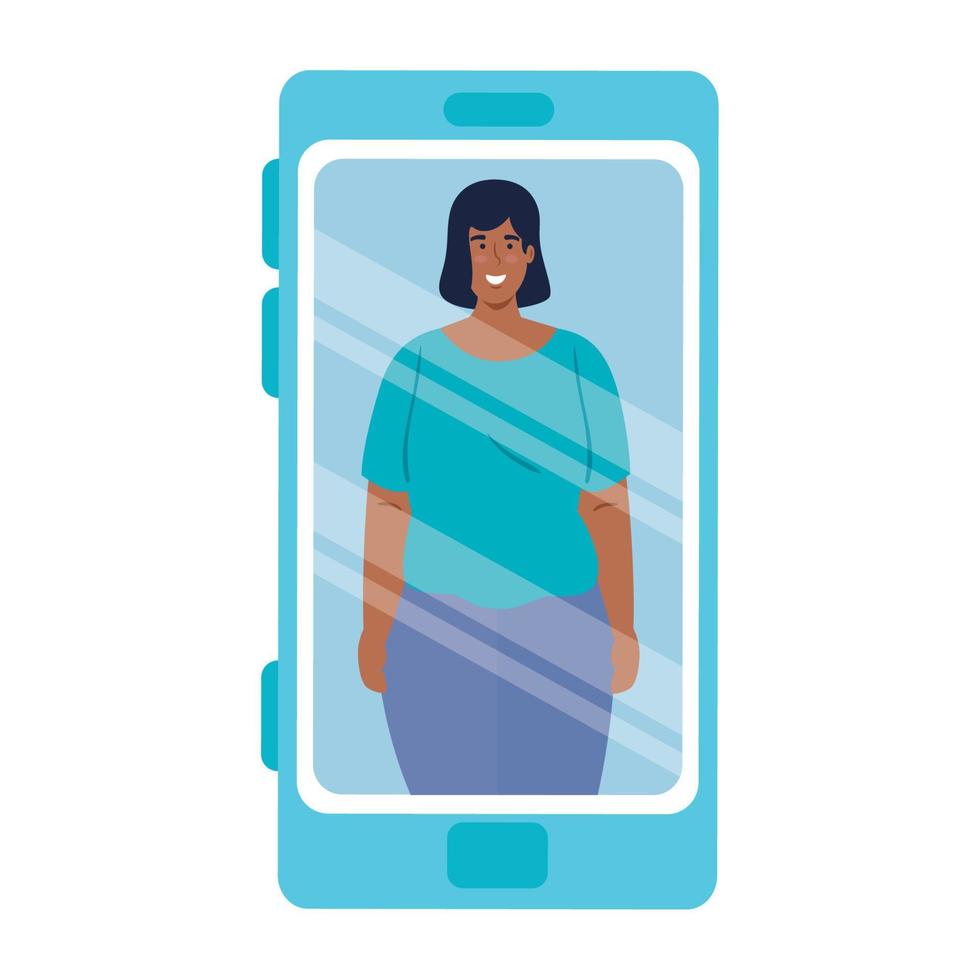 mulat vrouw in smartphone apparaat, sociaal media concept vector