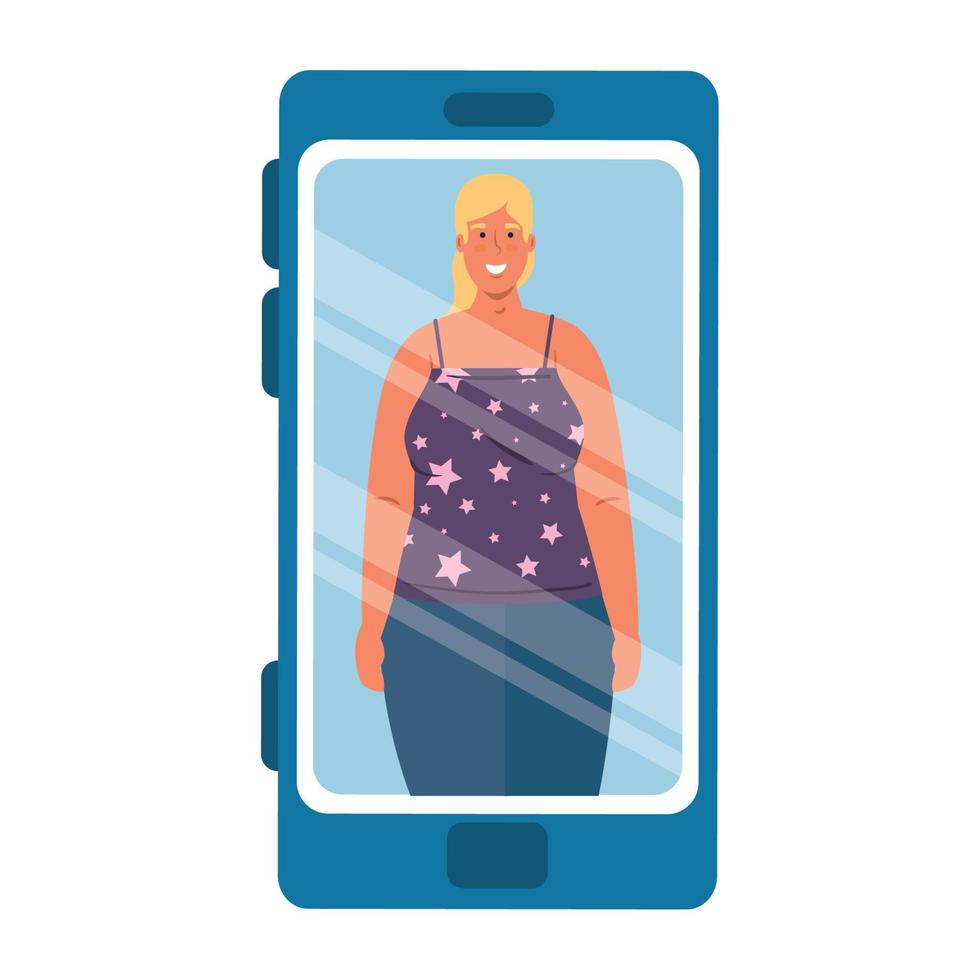 blond haar- vrouw in smartphone apparaat, sociaal media concept vector