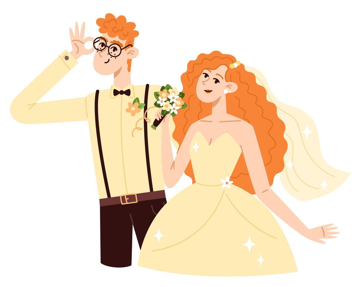 bruid met een boeket van bloemen en bruidegom Bij de bruiloft, vlak stijl illustratie vector