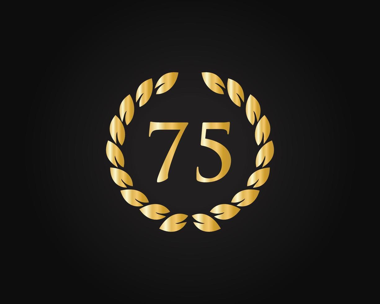 75ste jaren verjaardag logo met gouden ring geïsoleerd Aan zwart achtergrond, voor verjaardag, verjaardag en bedrijf viering vector