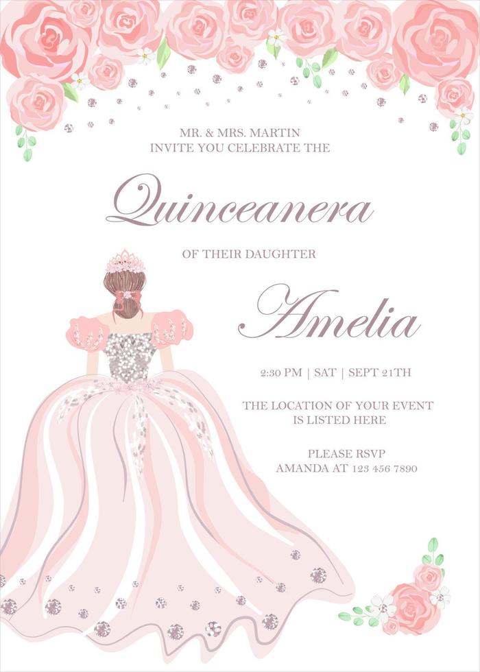 quinceanera verjaardag viering uitnodiging kaart voor Latijns Amerika meisje in bloemen ontwerp thema decoratie met tiara, mooi bloemen, bladeren. vector illustratie.