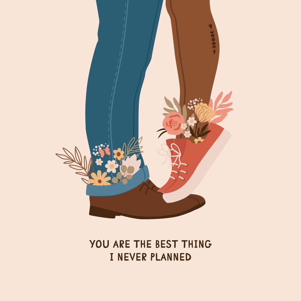 valentijnsdag dag paar in liefde in de kaart ontwerp. romantisch februari 14 Gefeliciteerd. schattig vector illustratie van Mens en vrouw poten, bloemen. romantisch uitdrukking over relatie. u en mij.