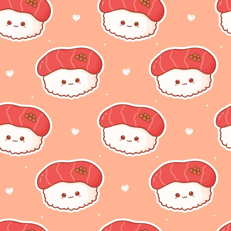 kawaii naadloos patroon met sushi met gelukkig gezicht. schattig afdrukken Aziatisch voedsel in tekenfilm stijl voor telefoon geval, achtergronden, mode, omhulsel papier en textiel. vector illustratie