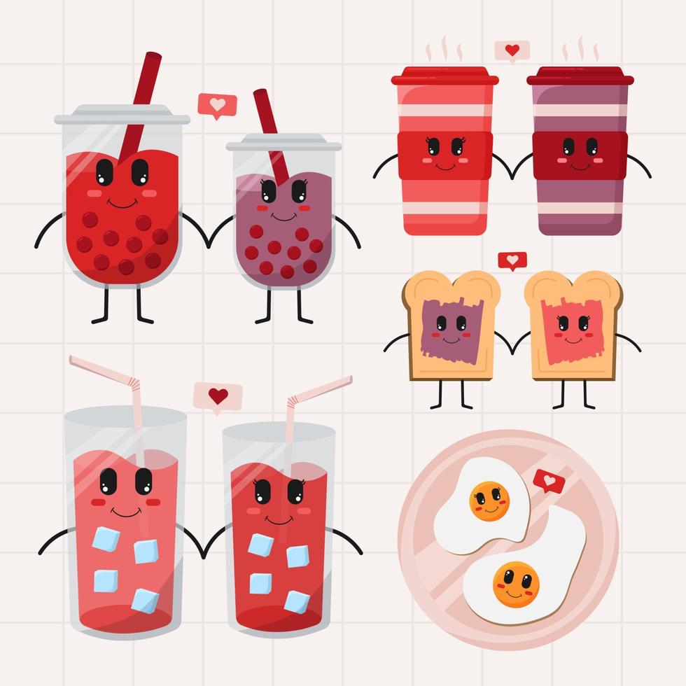 kawaii schattig Valentijn voedsel en drinken karakter collecties vector