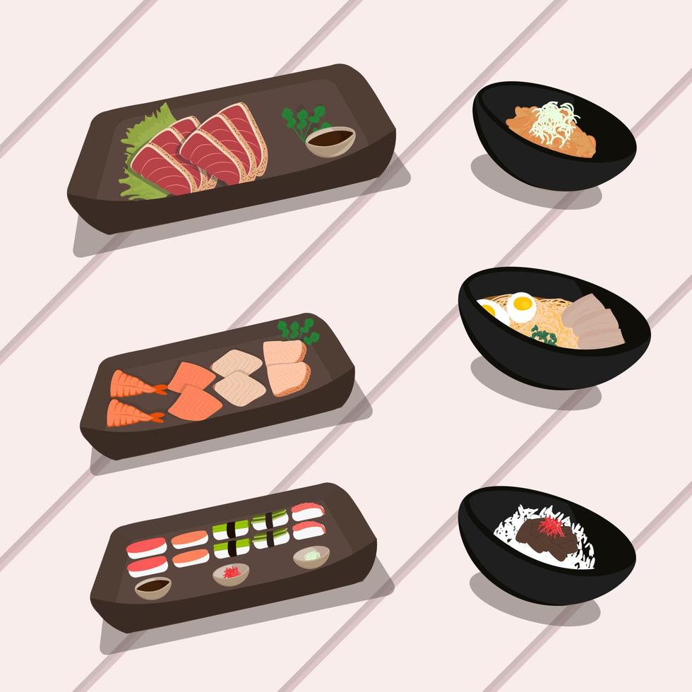 Japans nationaal keuken, vector illustratie van miso soep, gyudon, sashimi en sushi en meer.