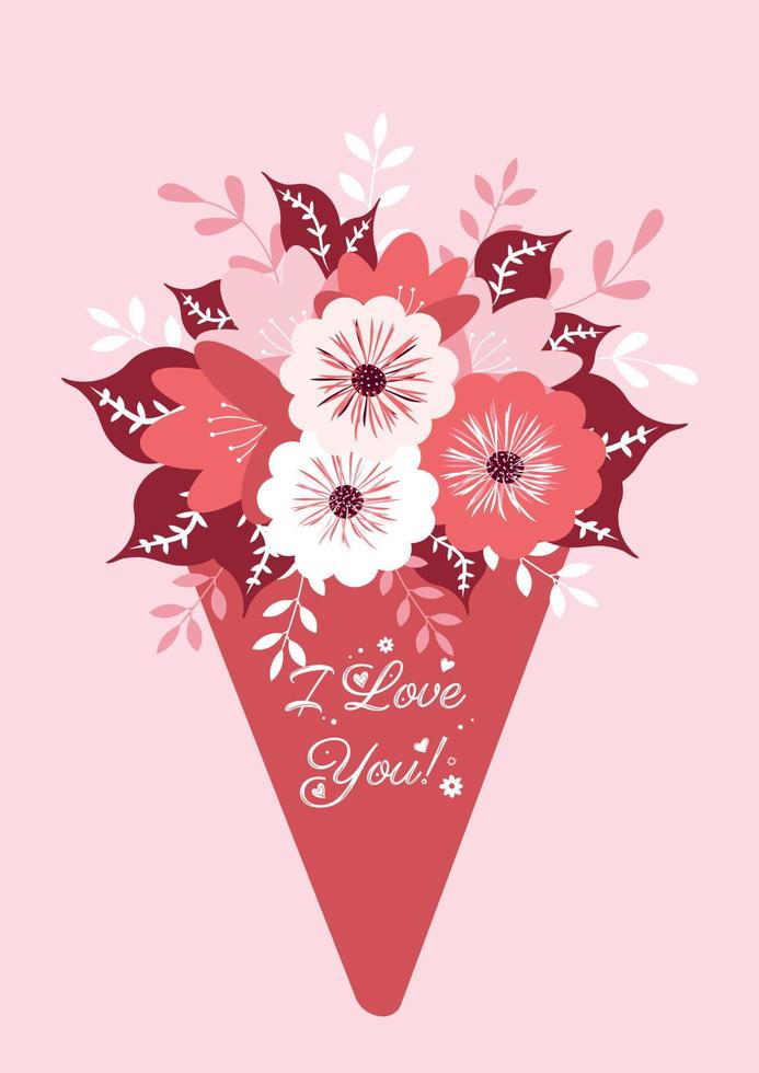 ansichtkaart voor Valentijnsdag dag, moeder dag met de opschrift ik liefde u met een boeket van bloemen in roze en rood kleuren. vector