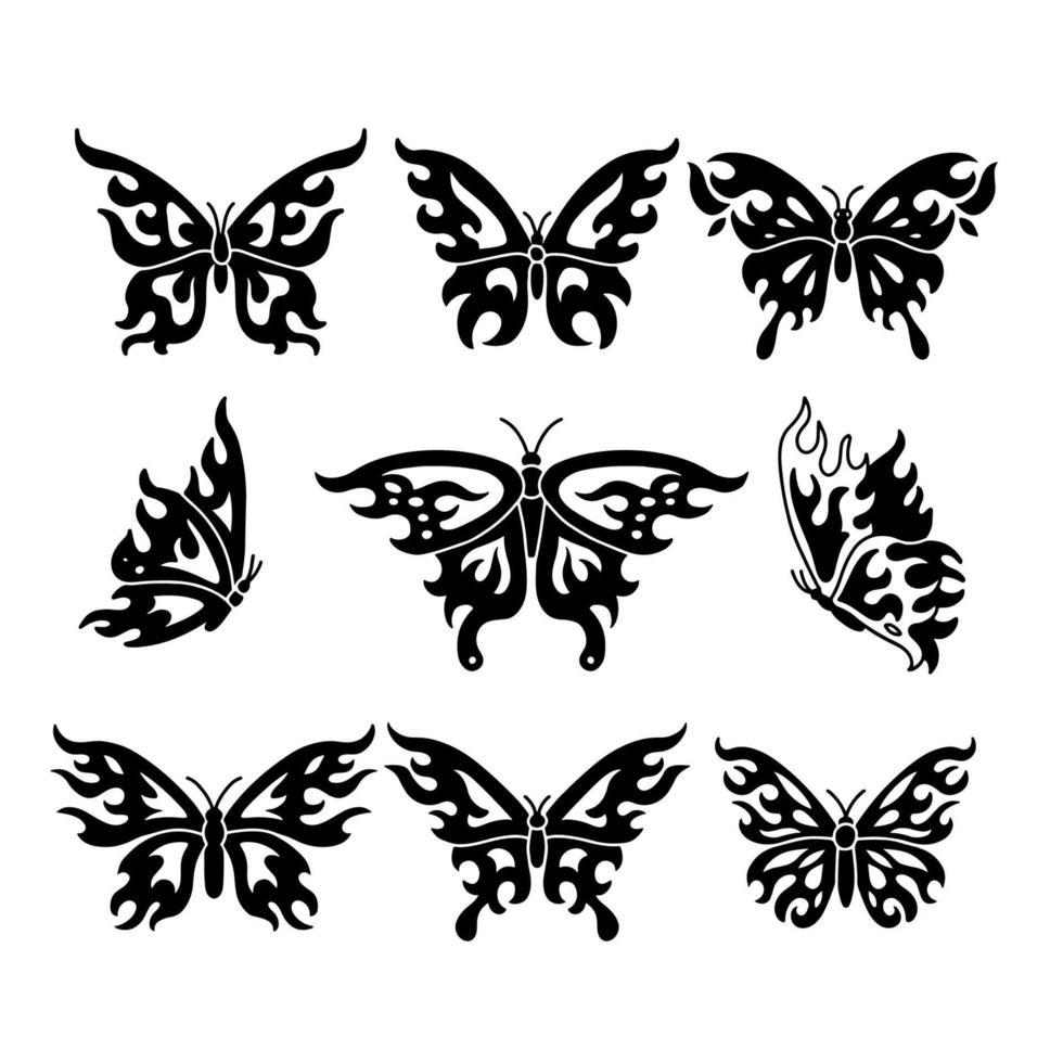 reeks van tatoeëren met abstract vlammend vlinder. zwart silhouetten geïsoleerd Aan wit achtergrond. symmetrisch emo vector illustratie.