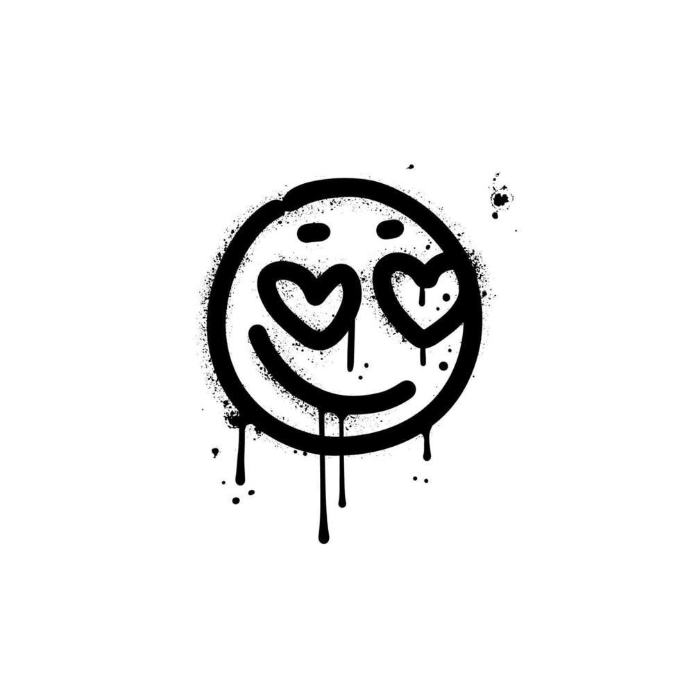 meisjesachtig stedelijk graffiti emoticon. schattig glimlachen gezicht geschilderd door verstuiven verf. emoji met hart vormig ogen. vector hand- getrokken grunge illustratie met structuur en lekt.