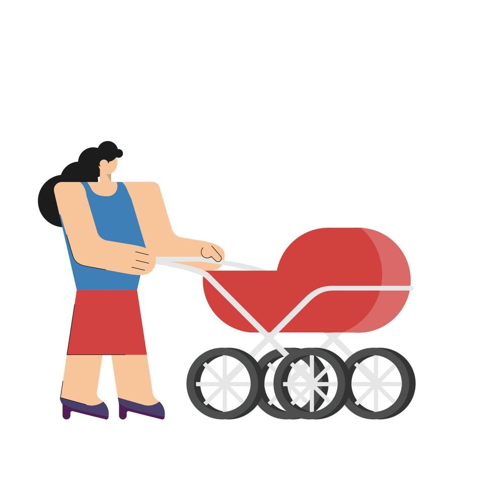 tekenfilm karakter vrouw met baby kar baby wandelwagen aan het wachten wachtrij omhoog voor instappen vliegtuig of controleren in Bij de luchthaven terminal voor reizen vakantie vector