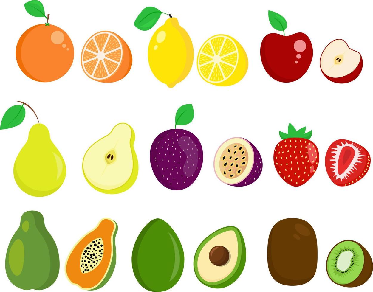 reeks van verschillend fruit met oranje, citroen, appel, avocado, aardbei, papaja, passie fruit, kiwi en Peer vector