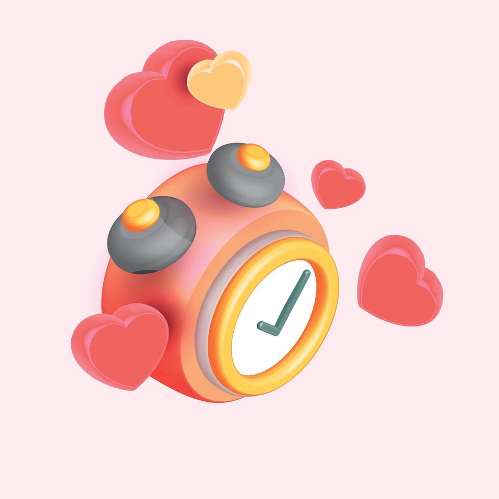 Valentijn tijd 14 met geel alarm klok en hart roze achtergrond icoon 3d vector