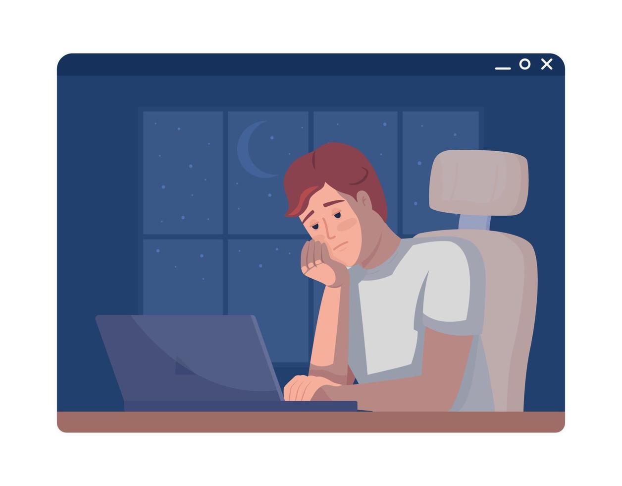 freelance burn-out 2d vector geïsoleerd illustratie. overwerkt mannetje freelancer werken Bij nacht vlak karakter Aan tekenfilm achtergrond. kleurrijk bewerkbare tafereel voor mobiel, website, presentatie