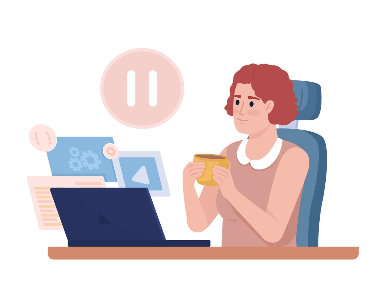 vrouw freelancer nemen tijd uit semi vlak kleur vector karakter. regelmatig pauze. bewerkbare figuur. vol lichaam persoon Aan wit. gemakkelijk tekenfilm stijl illustratie voor web grafisch ontwerp en animatie