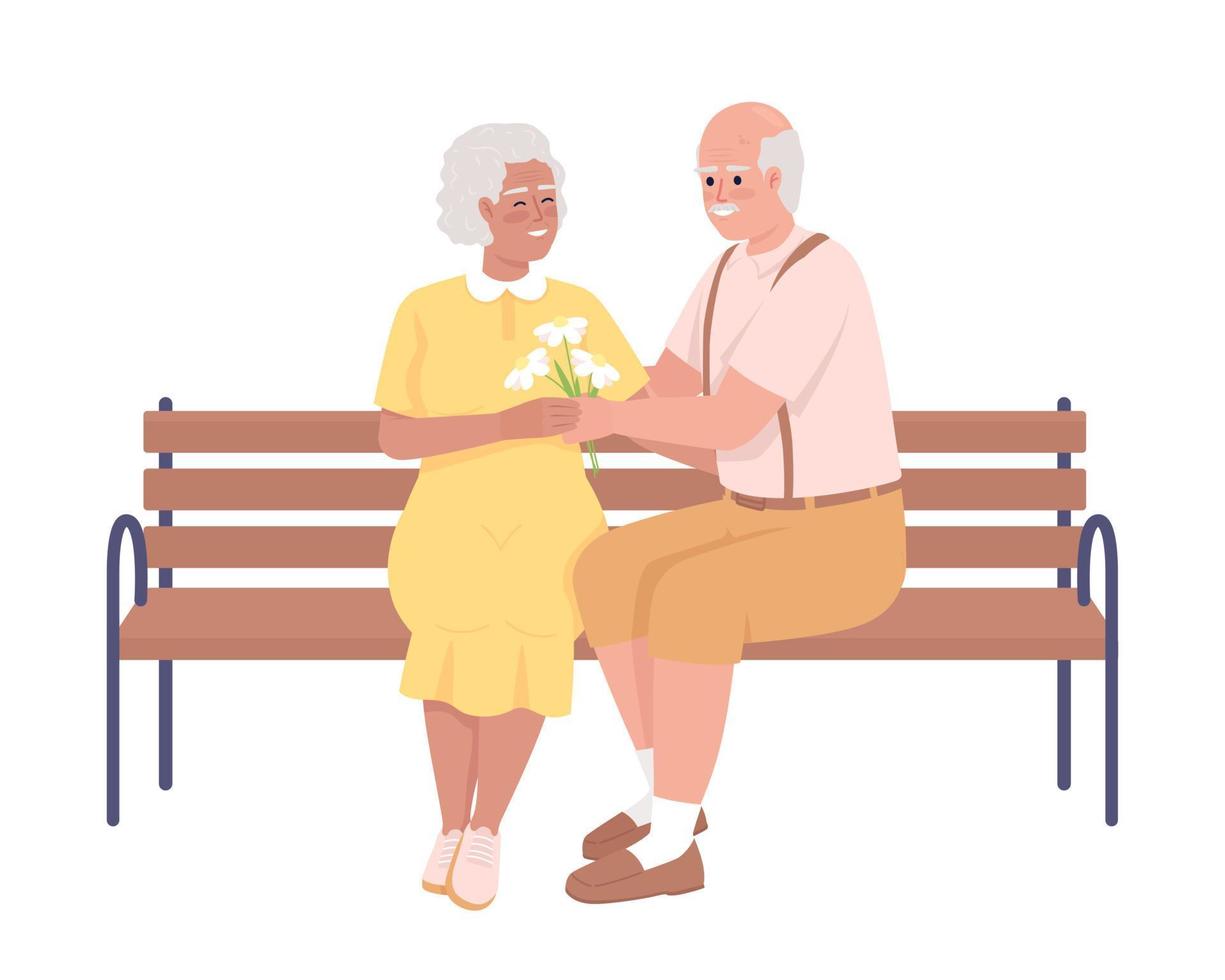 senior Mens geven boeket naar ouderen vrouw semi vlak kleur vector karakters. bewerkbare figuren. vol lichaam mensen Aan wit. gemakkelijk tekenfilm stijl illustratie voor web grafisch ontwerp en animatie