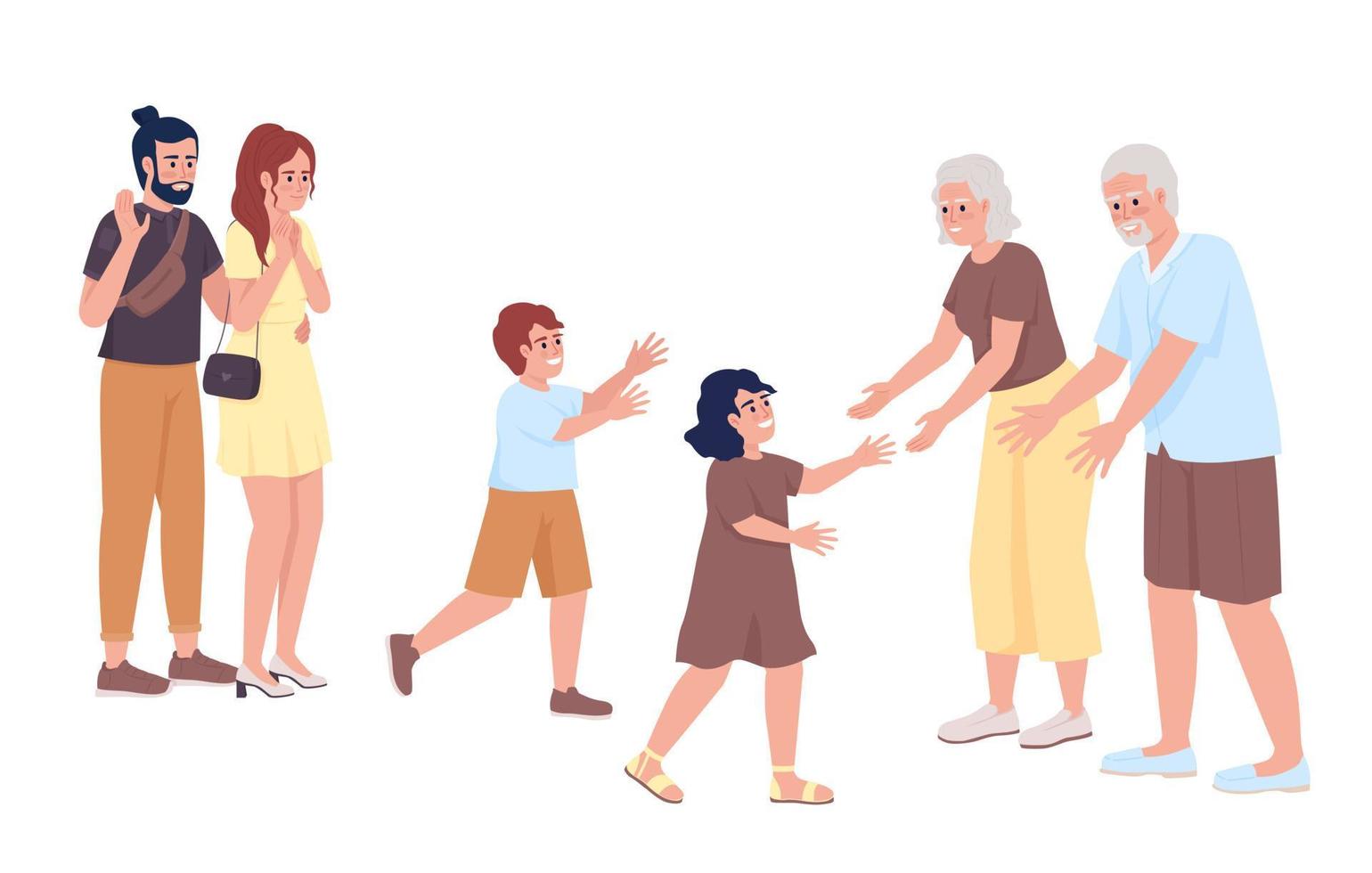 bonding met grootouders semi vlak kleur vector karakters. familie ontmoeting. bewerkbare figuren. vol lichaam mensen Aan wit. gemakkelijk tekenfilm stijl illustratie voor web grafisch ontwerp en animatie