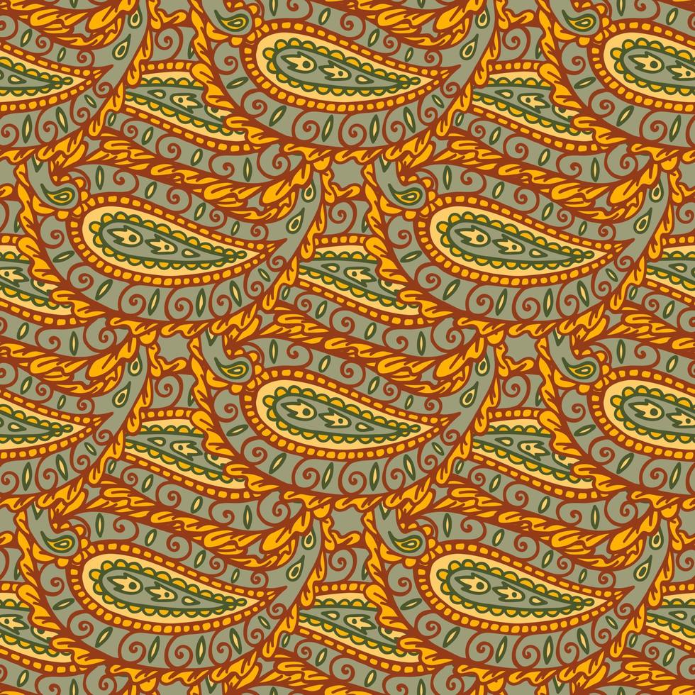 tekening naadloos paisley patroon. geel, bruin, groen kleur. tekening stijl. textiel afdrukken. Indisch paisley bloemen naadloos patroon. kleurrijk Aziatisch stijl bloemen patroon. vector illustratie.