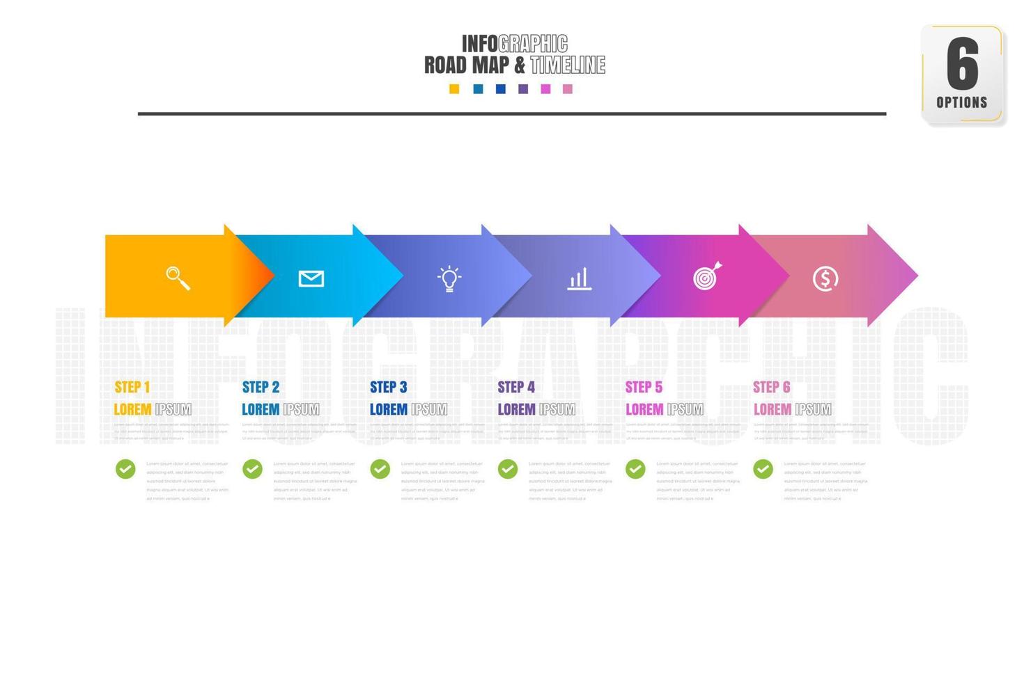 tijdlijn infographics ontwerp sjabloon met 6 opties, werkwijze diagram.info 5 vector