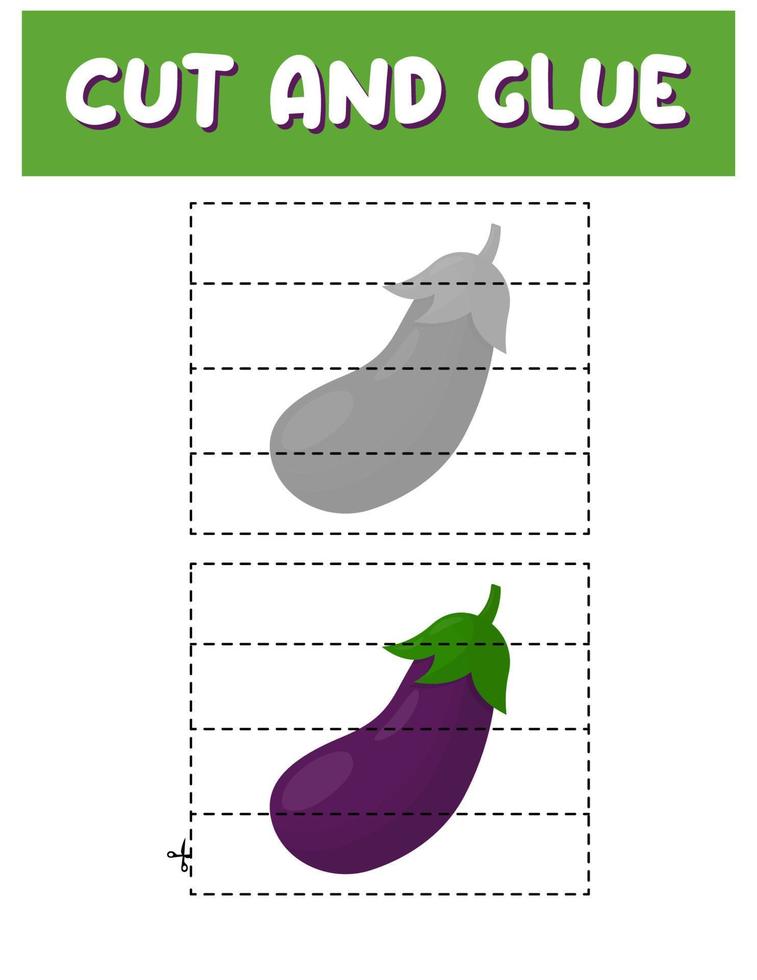 besnoeiing en lijm spel voor kinderen . puzzels met een aubergine. kinderen grappig vermaak en amusement.vector illustratie. snijdend praktijk voor kleuters vector