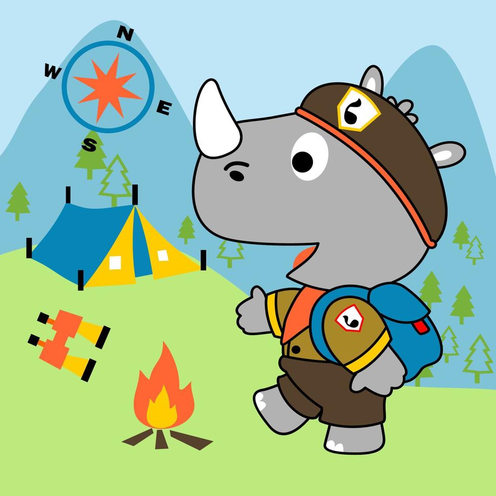 weinig neushoorn in verkenner uniform met camping elementen, vector tekenfilm illustratie
