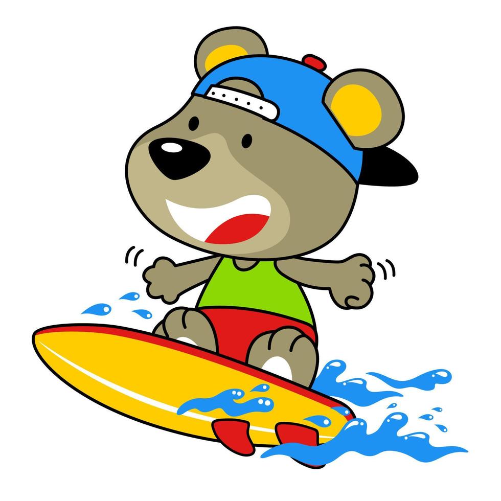 schattig beer spelen surfen in de kust, vector tekenfilm illustratie