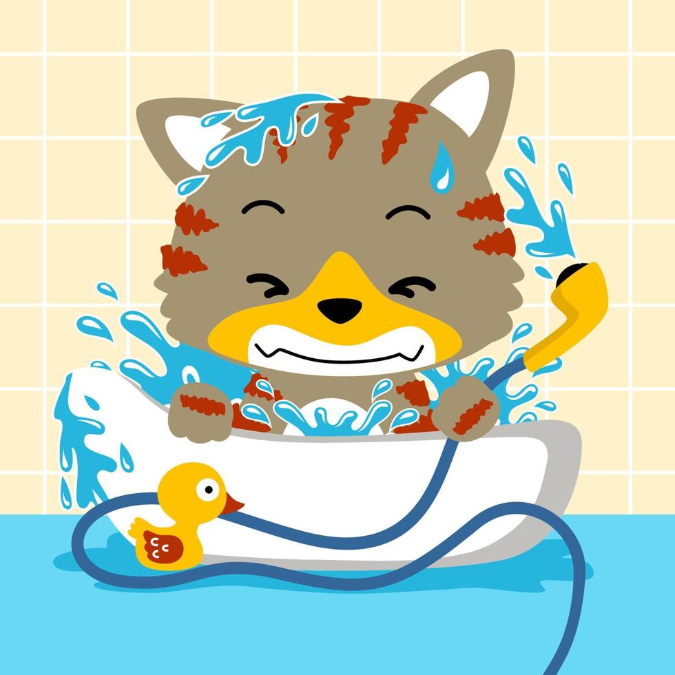 grappig kat Holding water slang Aan bad in de badkamer, vector tekenfilm illustratie