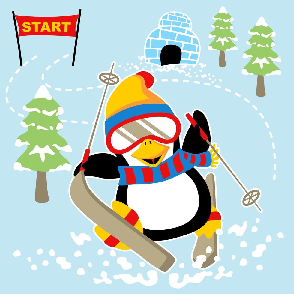 schattig pinguïn skiën, sneeuw land- elementen, vector tekenfilm illustratie