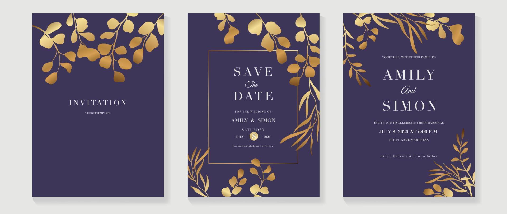 luxe bruiloft uitnodiging kaart achtergrond vector. gouden structuur botanisch bloemen blad Afdeling met meetkundig kader lijn kunst sjabloon. ontwerp illustratie voor bruiloft en vip Hoes sjabloon, spandoek. vector