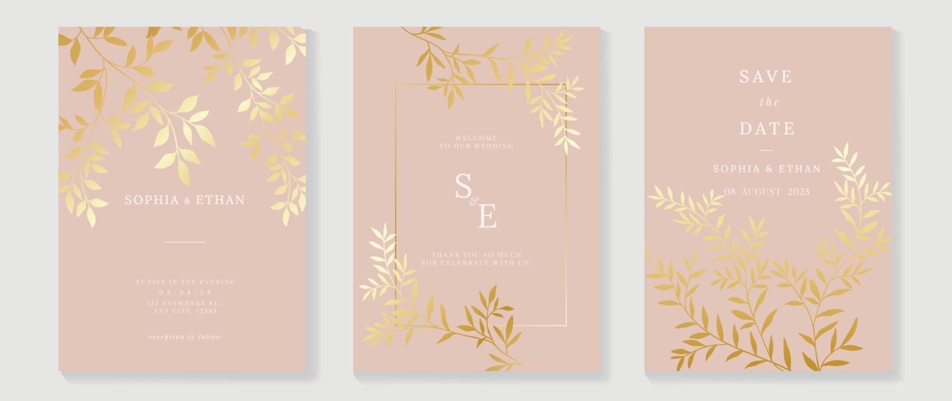 luxe bruiloft uitnodiging kaart achtergrond vector. gouden structuur botanisch bloemen blad Afdeling met meetkundig kader lijn kunst sjabloon. ontwerp illustratie voor bruiloft en vip Hoes sjabloon, spandoek. vector