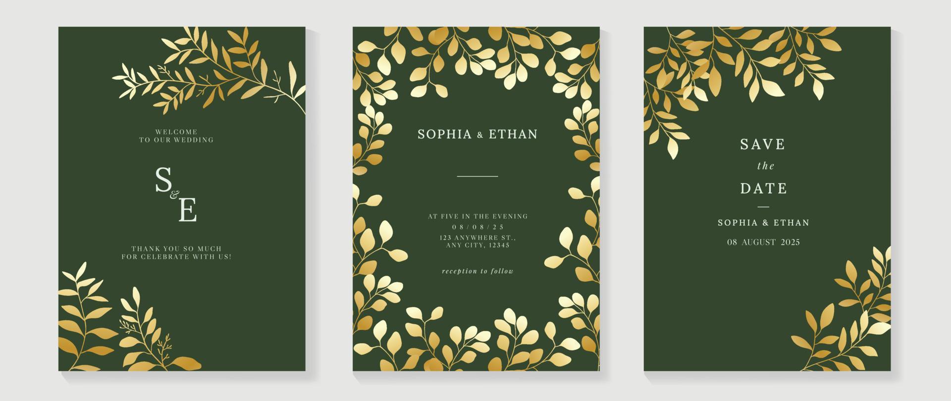 luxe bruiloft uitnodiging kaart achtergrond vector. gouden structuur botanisch bloemen blad Afdeling Liaan patroon kader sjabloon achtergrond. ontwerp illustratie voor bruiloft en vip Hoes sjabloon, spandoek. vector