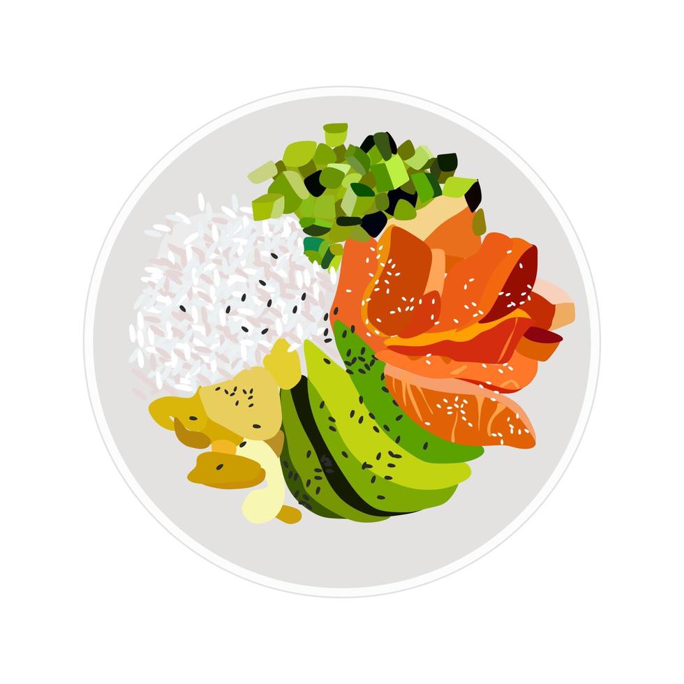 hand- getrokken vector illustratie van hawaiiaans por schaal. top visie. sushi voedsel. Zalm, avocado, opstaan, komkommer.