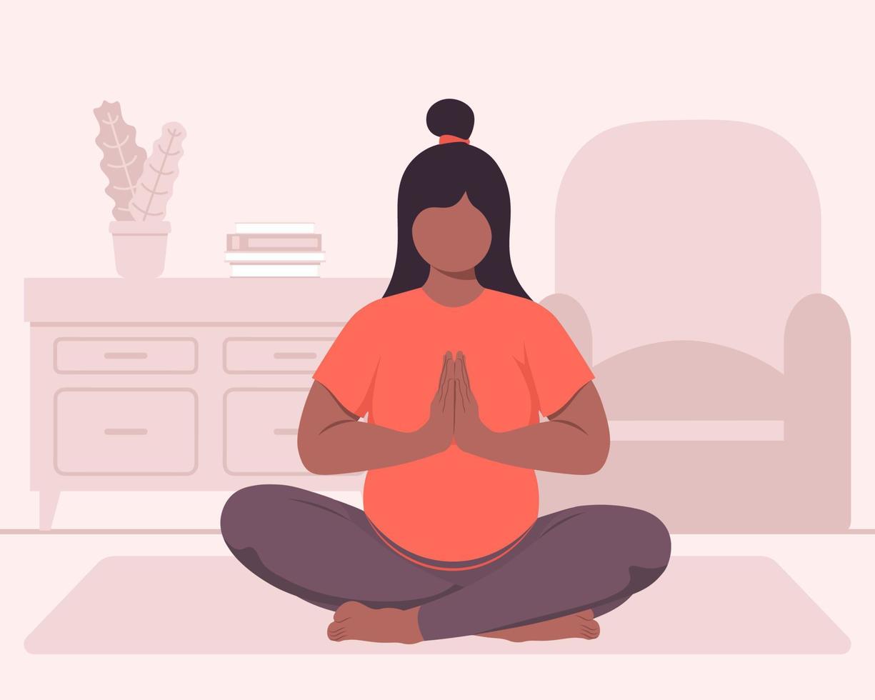 zwart huid zwanger vrouw aan het doen lotus houding yoga Bij huis vector illustratie in vlak stijl