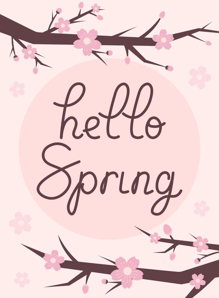 Hallo voorjaar belettering poscard of banier met kers bloesem vector illustratie in vlak stijl
