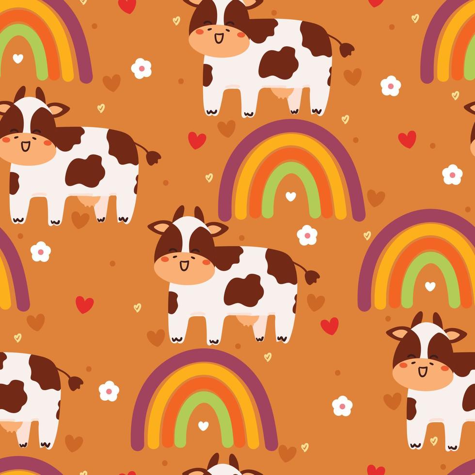 naadloos patroon tekenfilm koe en regenboog. schattig dier behang voor textiel, geschenk inpakken papier vector