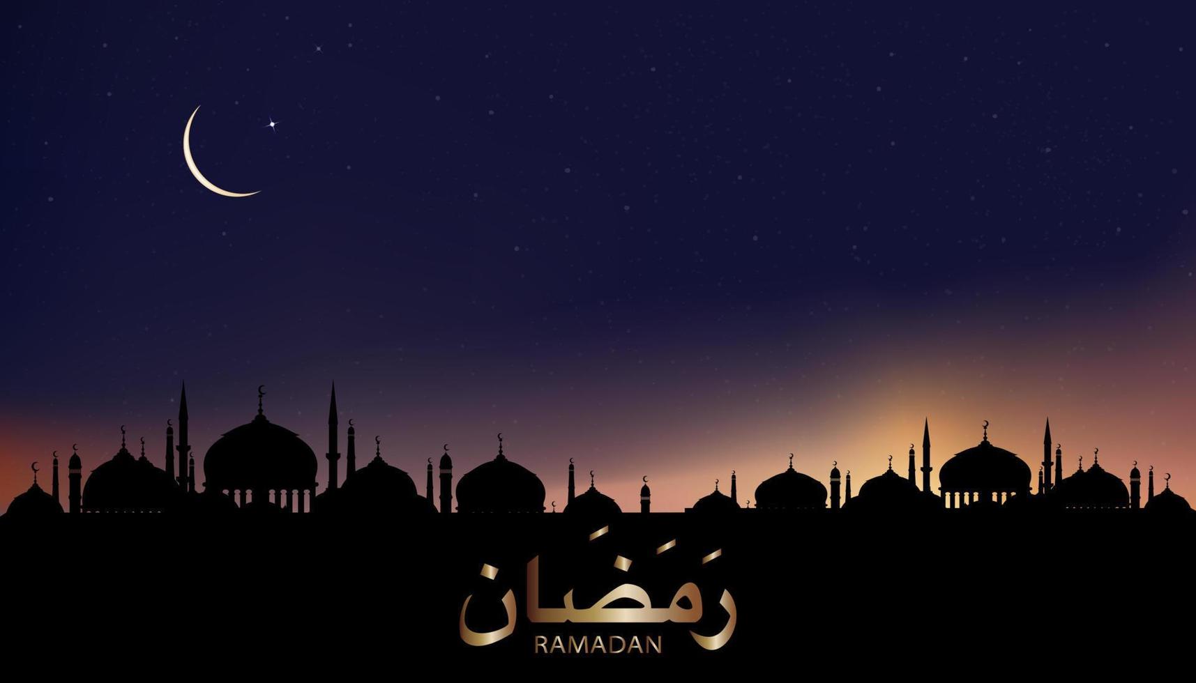 Ramadan schoonschrift Arabisch met silhouet koepel moskeeën, halve maan maan Aan schemer lucht achtergrond, vector Ramadhan nacht met schemering lucht. Islamitisch of moslims religie de maand van Ramadan kareem