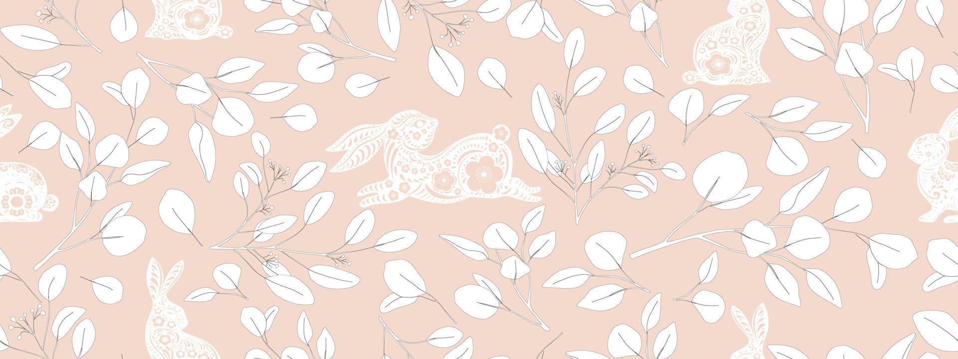 naadloos konijn papier besnoeiing met tekening bloem, vertrek Aan beige achtergrond, vector Chinese nieuw jaar dierenriem 2023 teken element, kleding stof patroon Pasen konijn met bloemen luxe haas voor afdrukken omhulsel pape