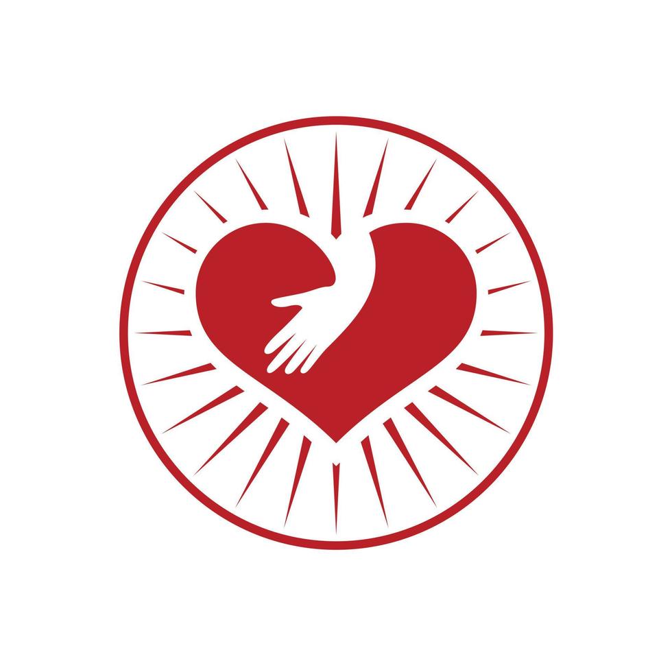 liefde hart met hand- zorg met zonnestraal logo ontwerp vector