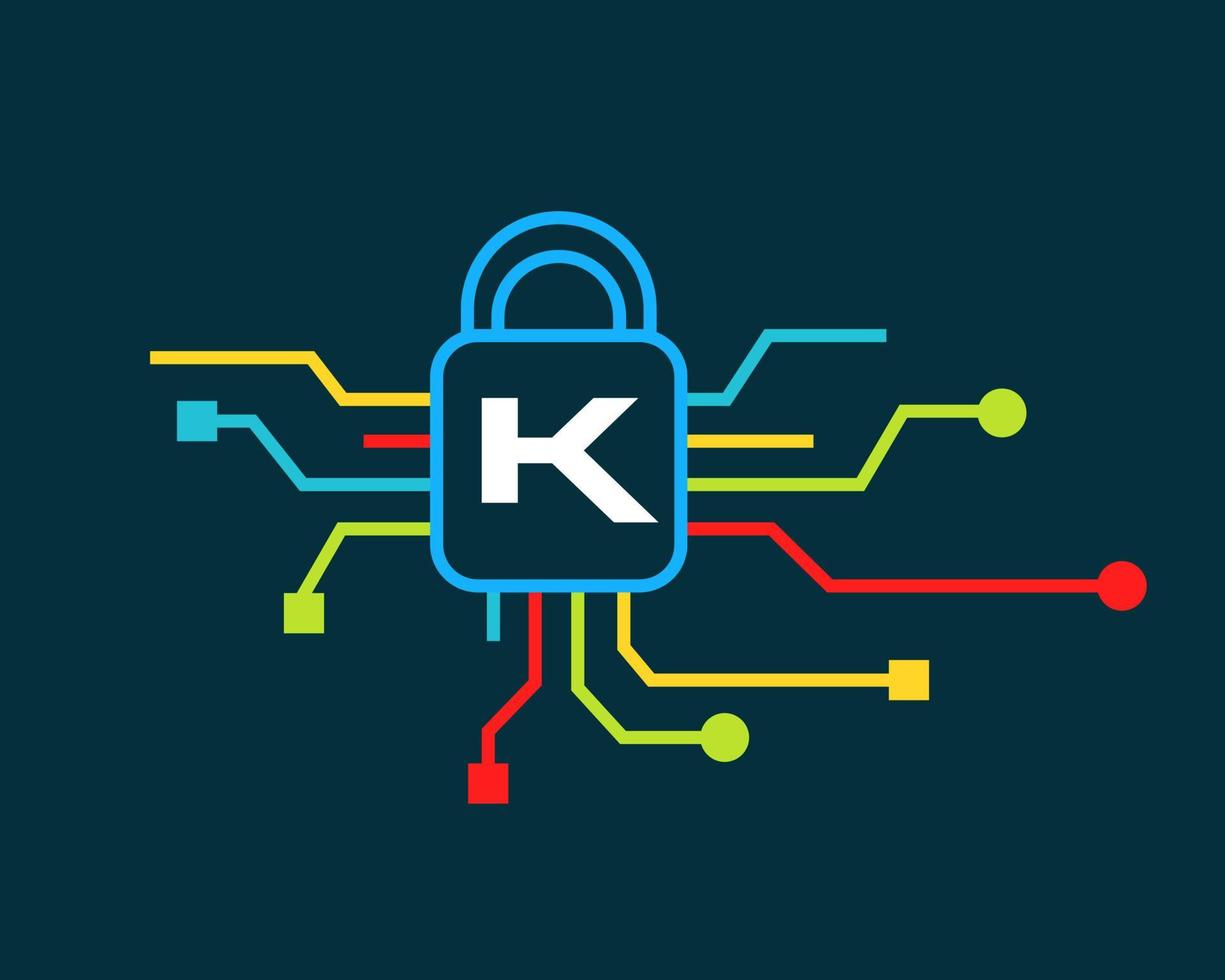 brief k cyber veiligheid logo. cyber bescherming, technologie, biotechnologie en hoog tech vector