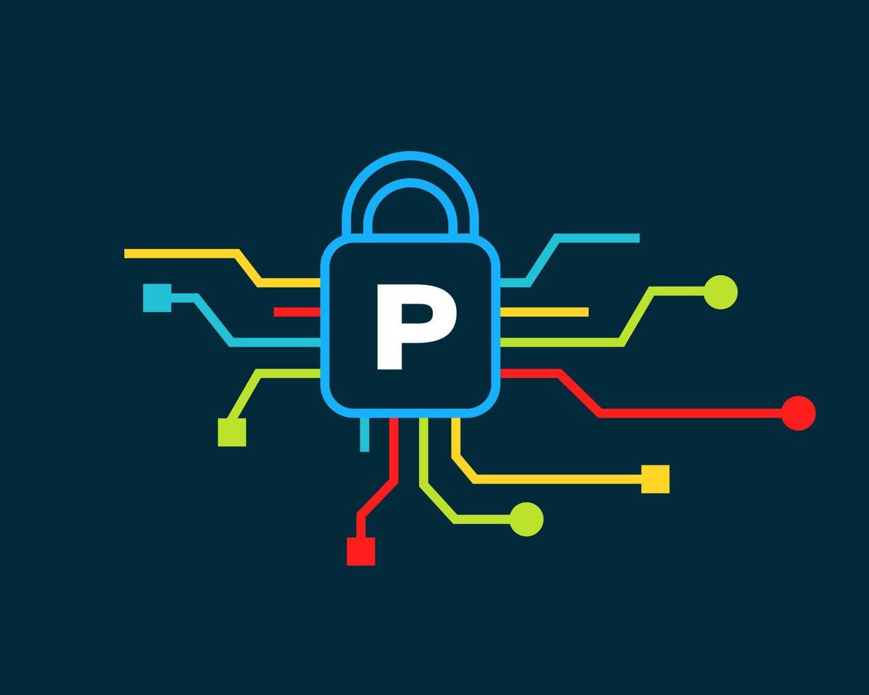 brief p cyber veiligheid logo. cyber bescherming, technologie, biotechnologie en hoog tech vector