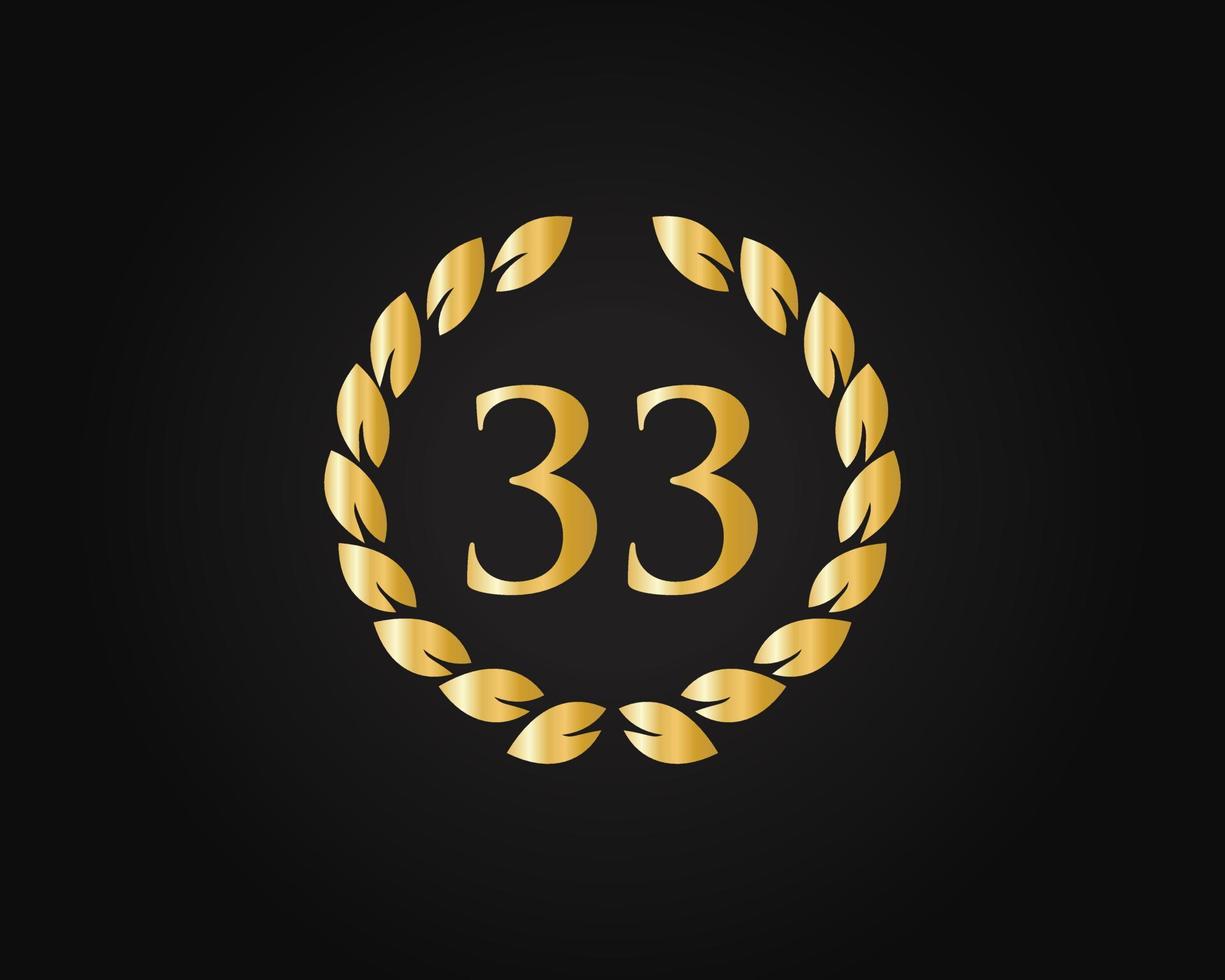 33e jaren verjaardag logo met gouden ring geïsoleerd Aan zwart achtergrond, voor verjaardag, verjaardag en bedrijf viering vector