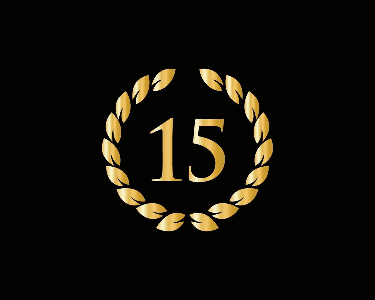 15e jaren verjaardag logo met gouden ring geïsoleerd Aan zwart achtergrond, voor verjaardag, verjaardag en bedrijf viering vector