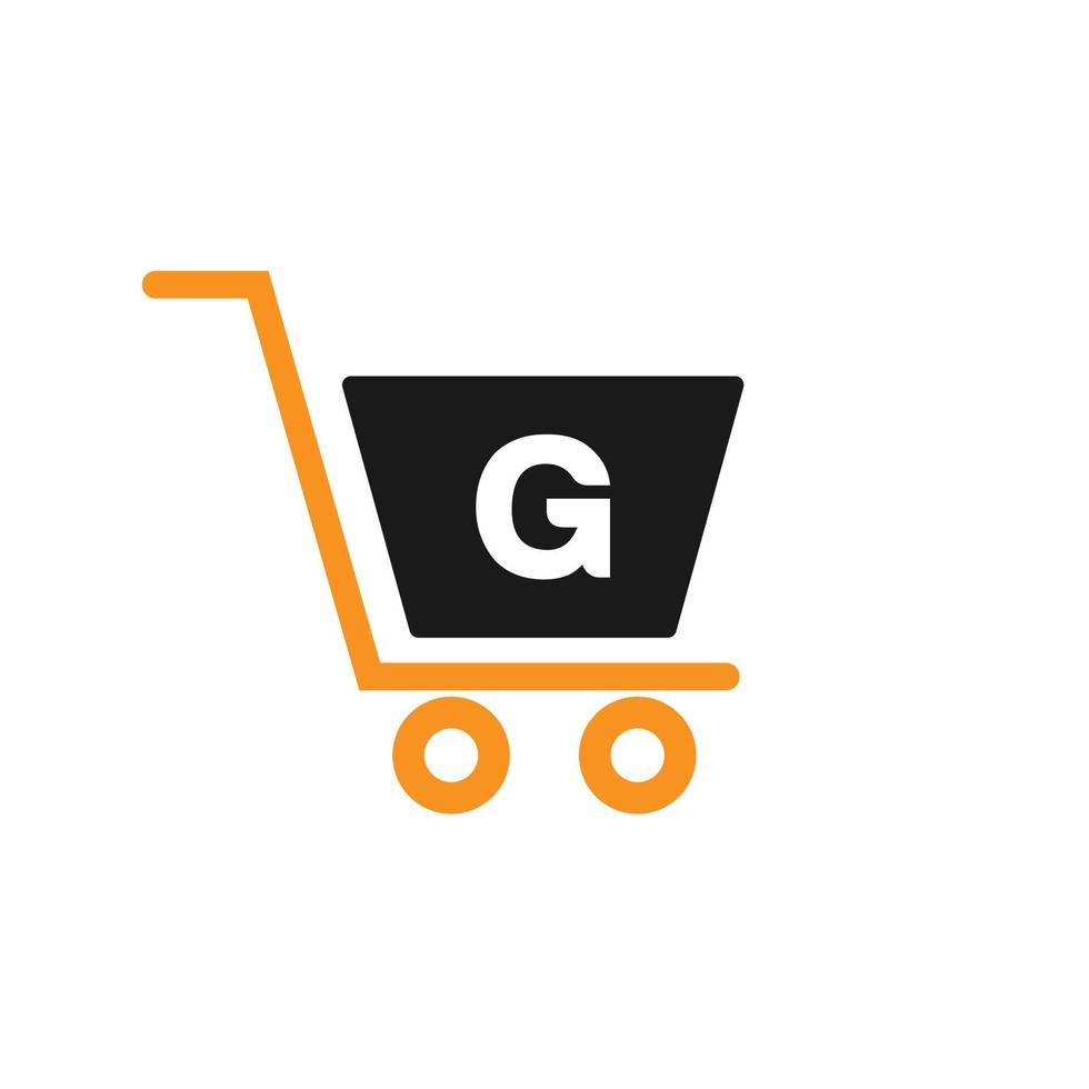 brief g trolley boodschappen doen kar. eerste online en boodschappen doen logo concept sjabloon vector