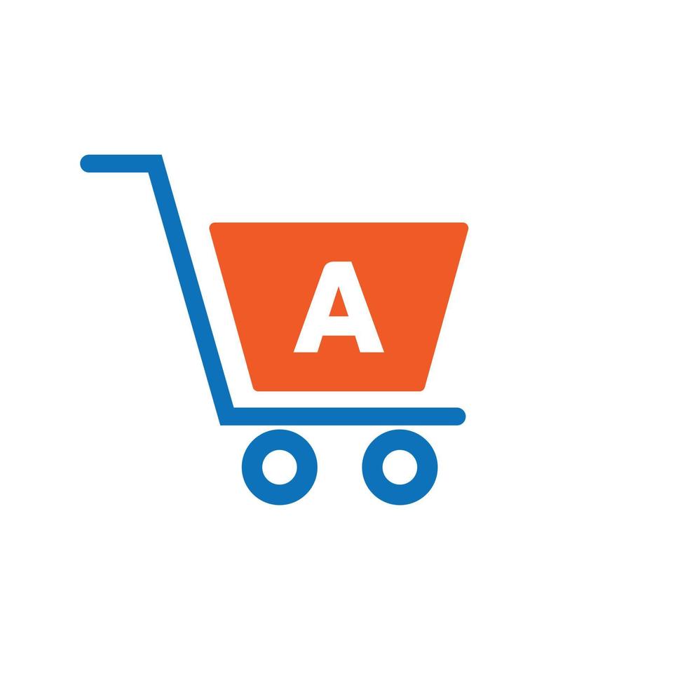 brief een trolley boodschappen doen kar. eerste online en boodschappen doen logo concept sjabloon vector