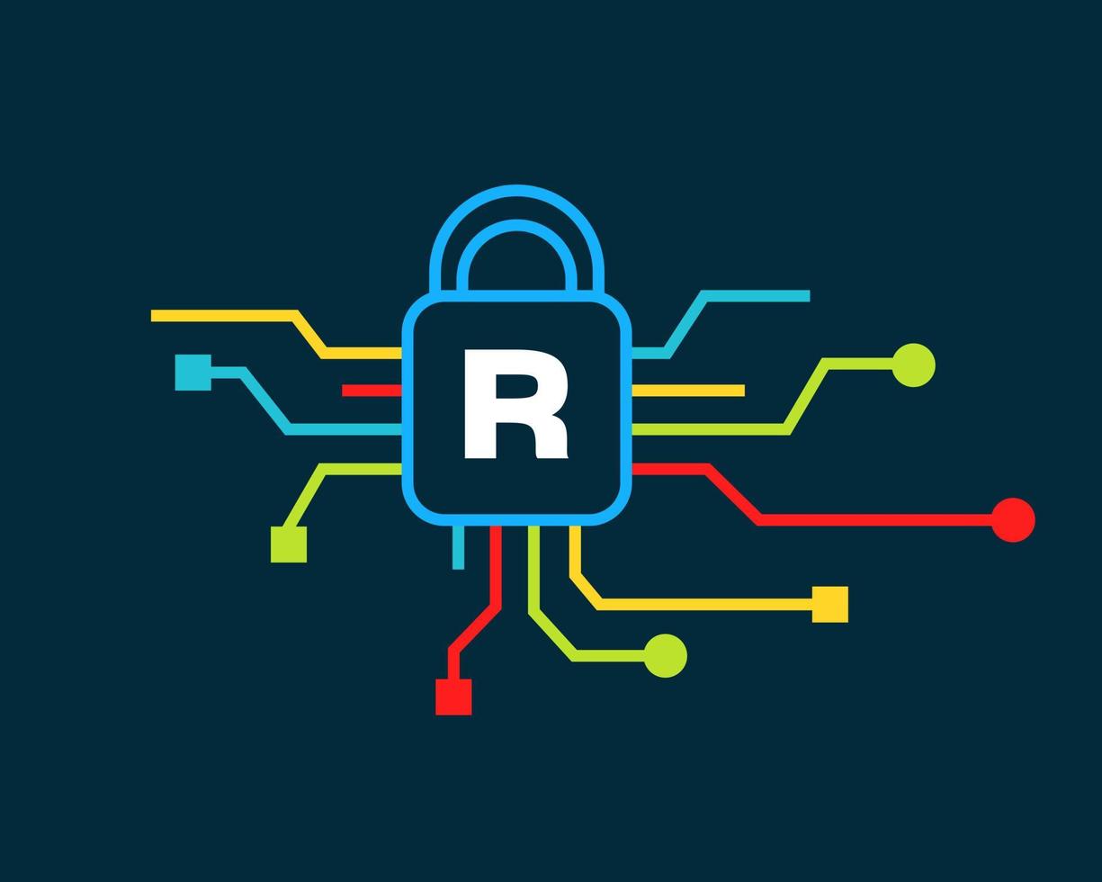 brief r cyber veiligheid logo. cyber bescherming, technologie, biotechnologie en hoog tech vector