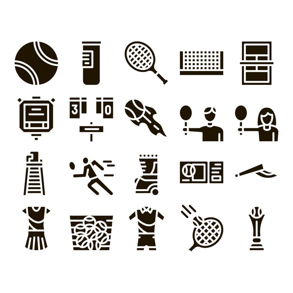 tennis spel uitrusting glyph reeks vector