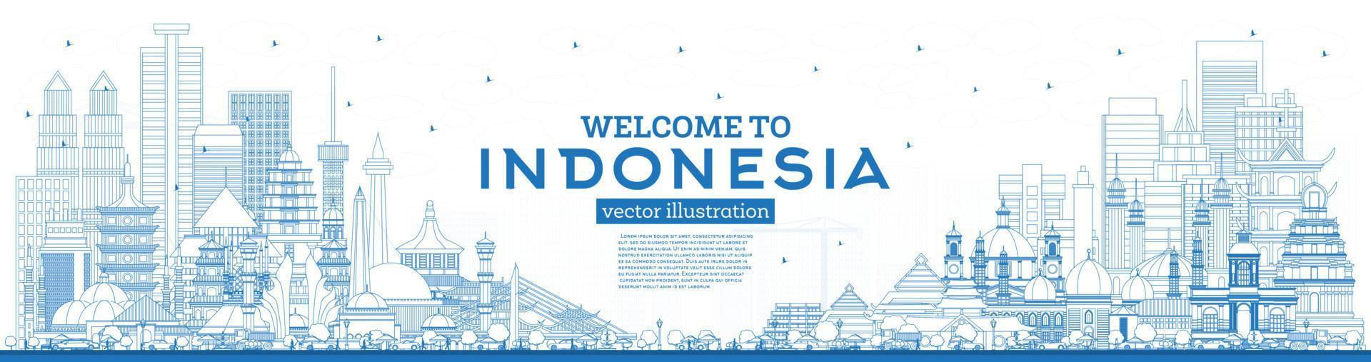 schets Welkom naar Indonesië horizon met blauw gebouwen. vector