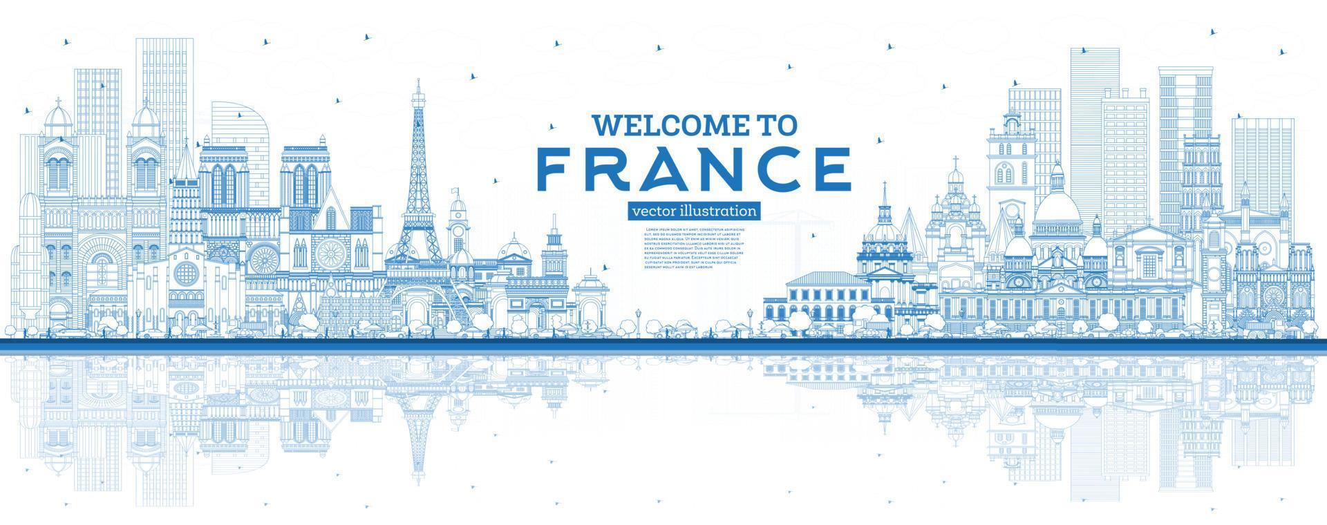 schets Welkom naar Frankrijk horizon met blauw gebouwen en reflecties. vector