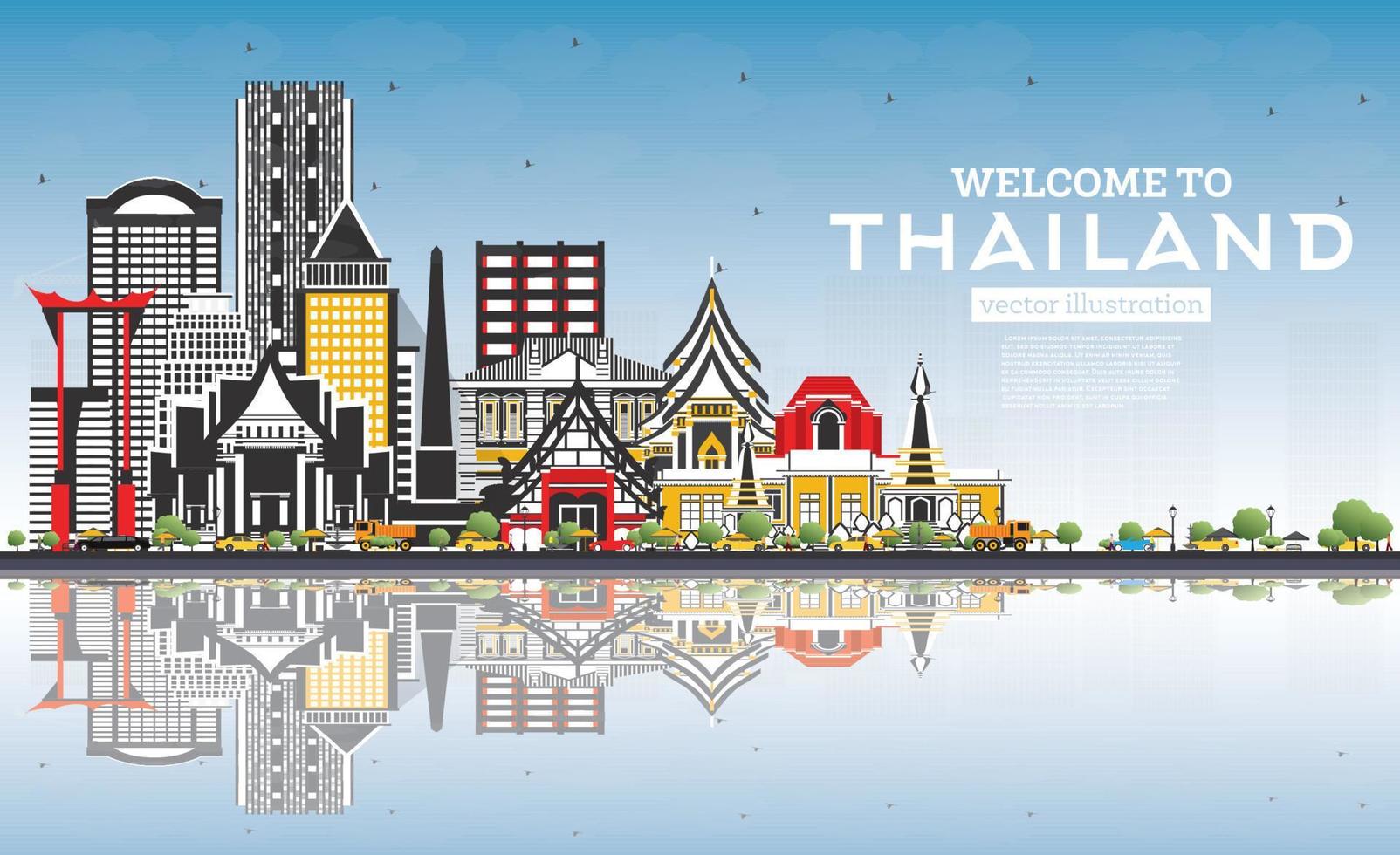 Welkom naar Thailand stad horizon met kleur gebouwen, blauw lucht en reflecties. vector