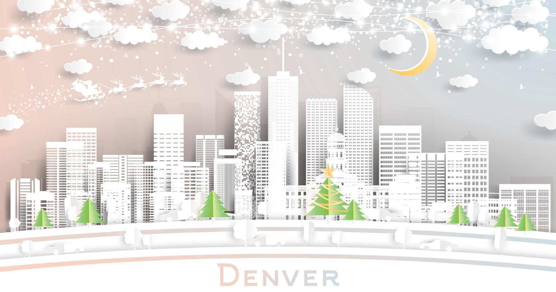 denver Colorado Verenigde Staten van Amerika stad horizon in papier besnoeiing stijl met sneeuwvlokken, maan en neon guirlande. vector