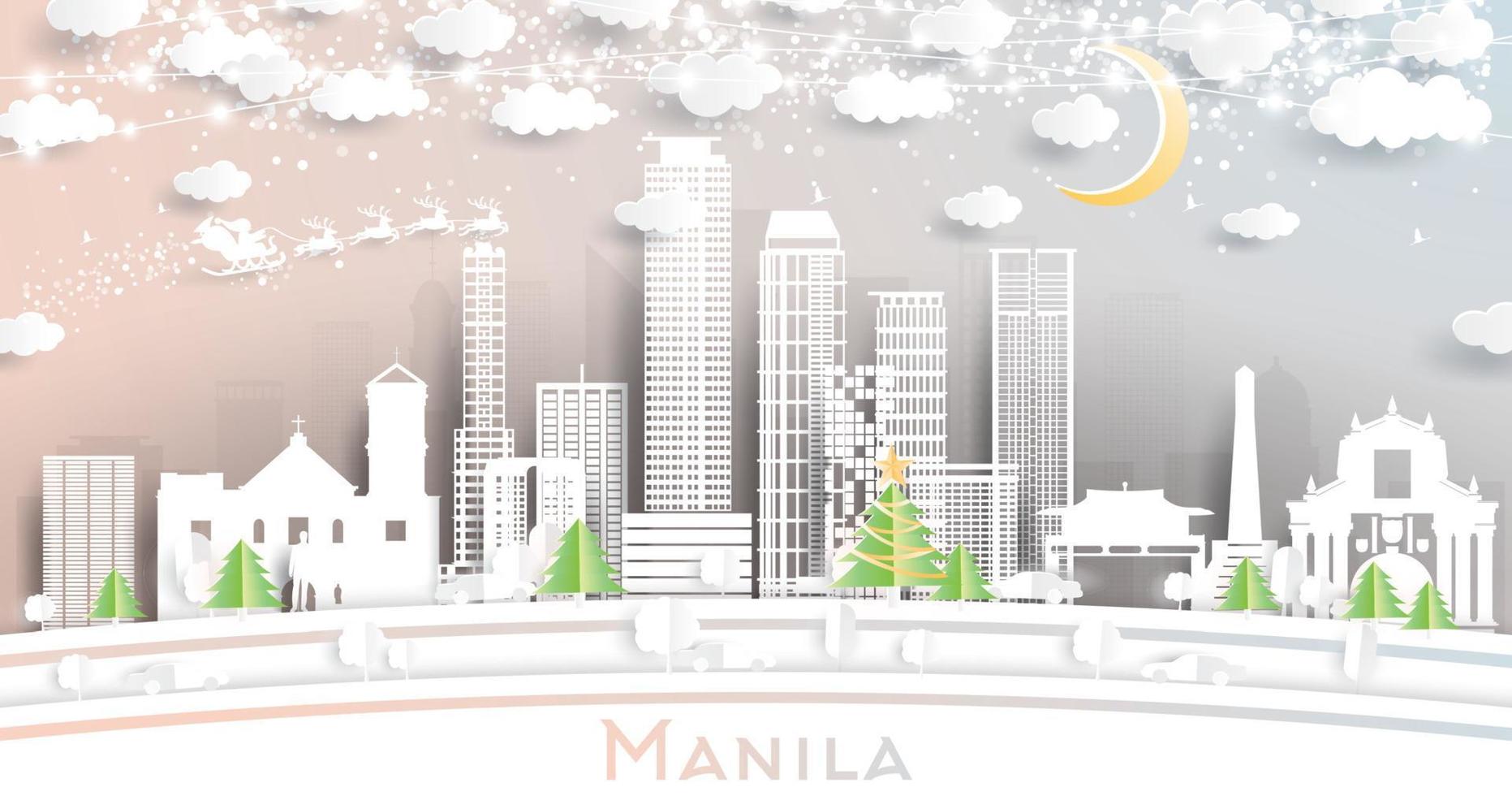 manilla Filippijnen stad horizon in papier besnoeiing stijl met sneeuwvlokken, maan en neon guirlande. vector