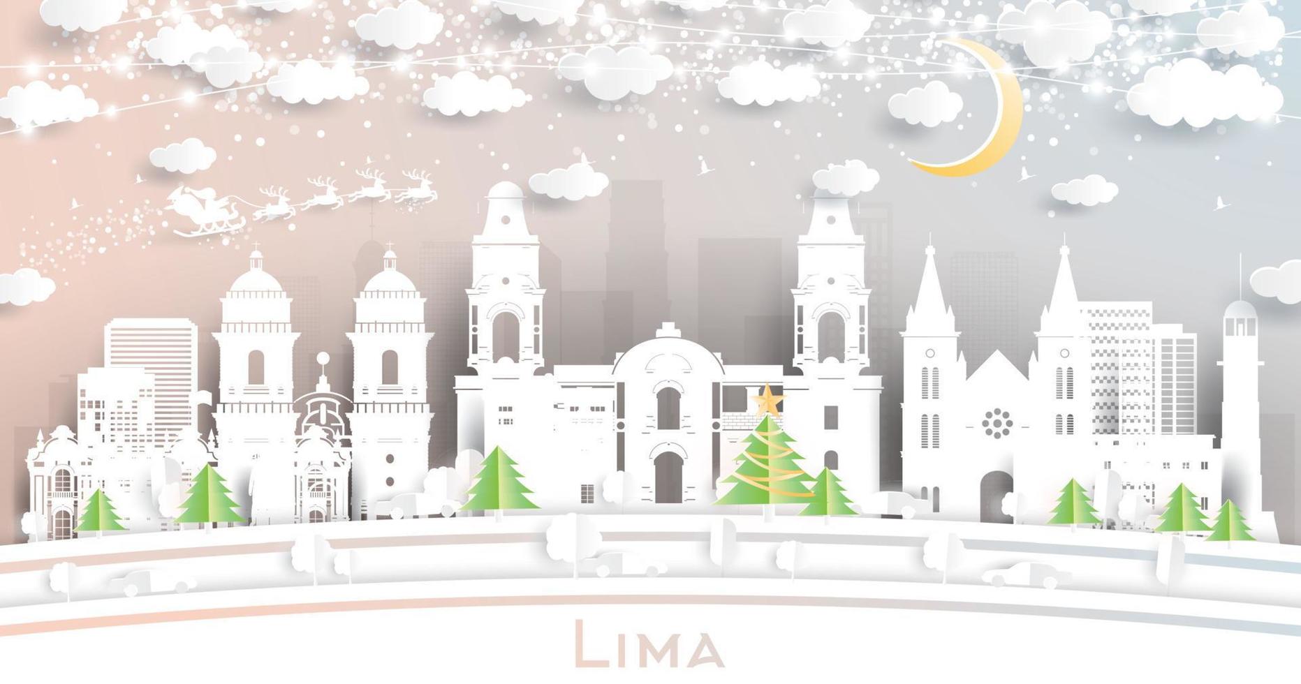 lima Peru stad horizon in papier besnoeiing stijl met sneeuwvlokken, maan en neon guirlande. vector